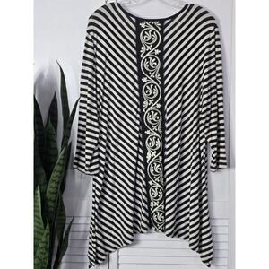 Multiples Shirt Womens 1X Black/White Strip Embroidered Back 3Q Slv Asymmetrical